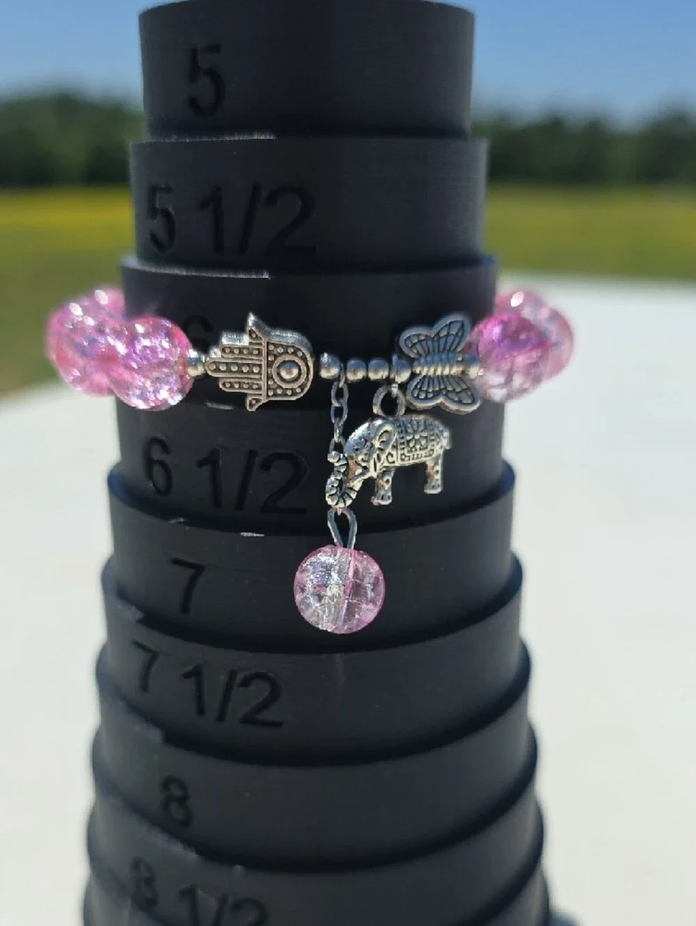Pink Crystal Bead Charm Bracelet with Hamsa and Elephant Charms - Picture 3 of 4